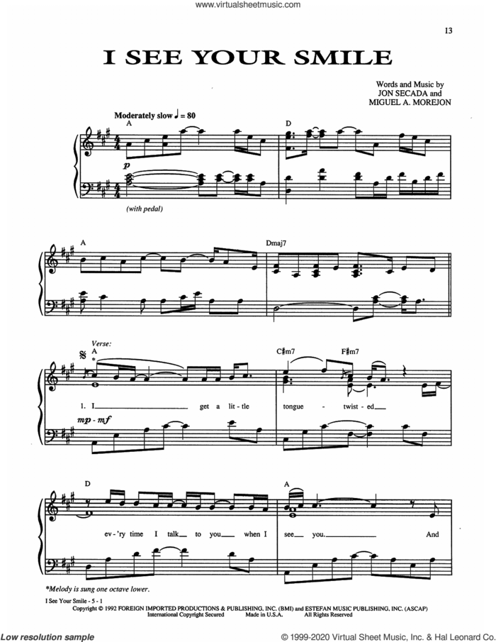 I See Your Smile sheet music for voice, piano or guitar by Gloria Estefan, Jon Secada and Miguel Morejon, intermediate skill level