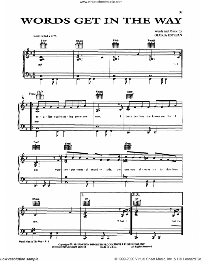 Words Get In The Way sheet music for voice, piano or guitar by Gloria Estefan, intermediate skill level