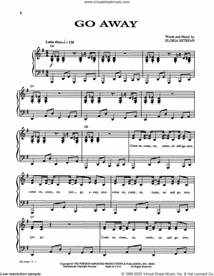 Go Away sheet music for voice, piano or guitar by Gloria Estefan and Lawrence Dermer, intermediate skill level
