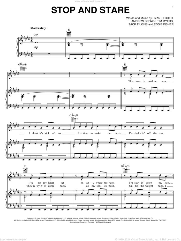 Stop And Stare sheet music for voice, piano or guitar by OneRepublic, Drew Brown, Eddie Fisher, Ryan Tedder, Tim Myers and Zack Filkins, intermediate skill level