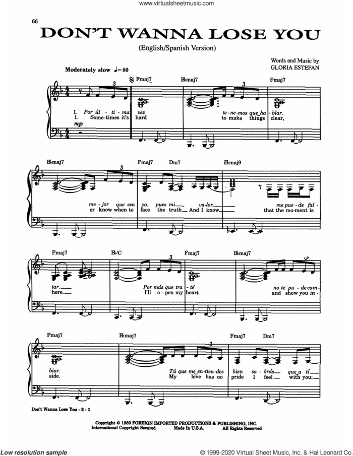 Don't Wanna Lose You sheet music for voice, piano or guitar by Gloria Estefan, intermediate skill level