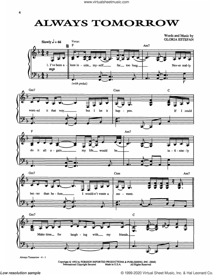 Always Tomorrow sheet music for voice, piano or guitar by Gloria Estefan, intermediate skill level