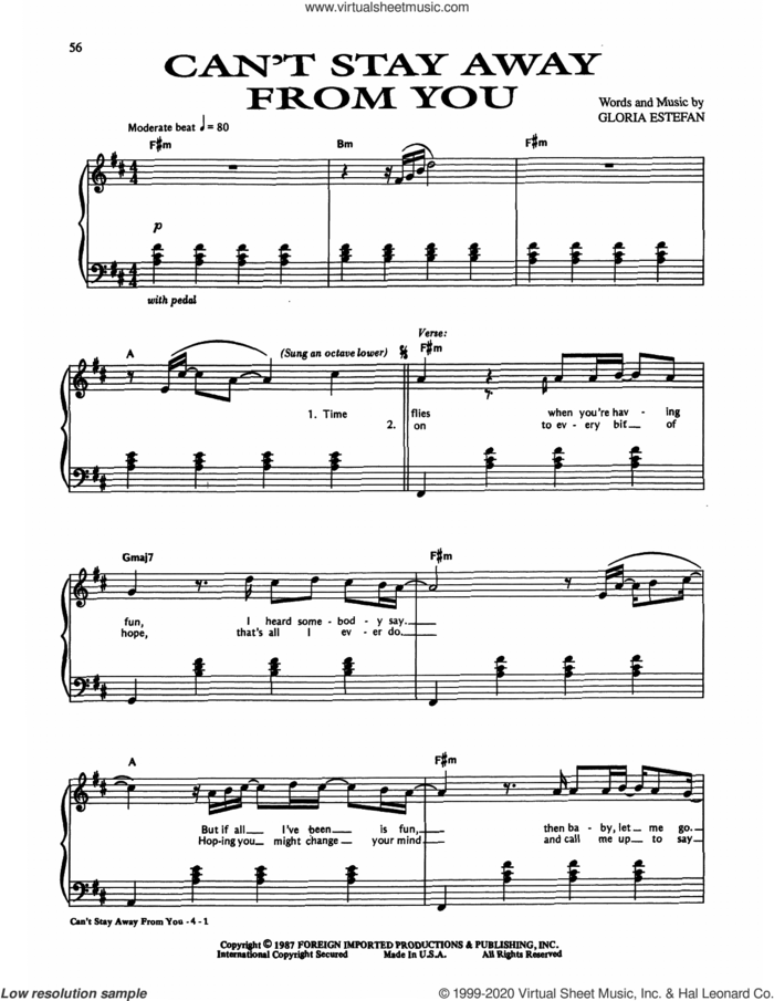 Can't Stay Away From You sheet music for voice, piano or guitar by Gloria Estefan & Miami Sound Machine and Gloria Estefan, intermediate skill level
