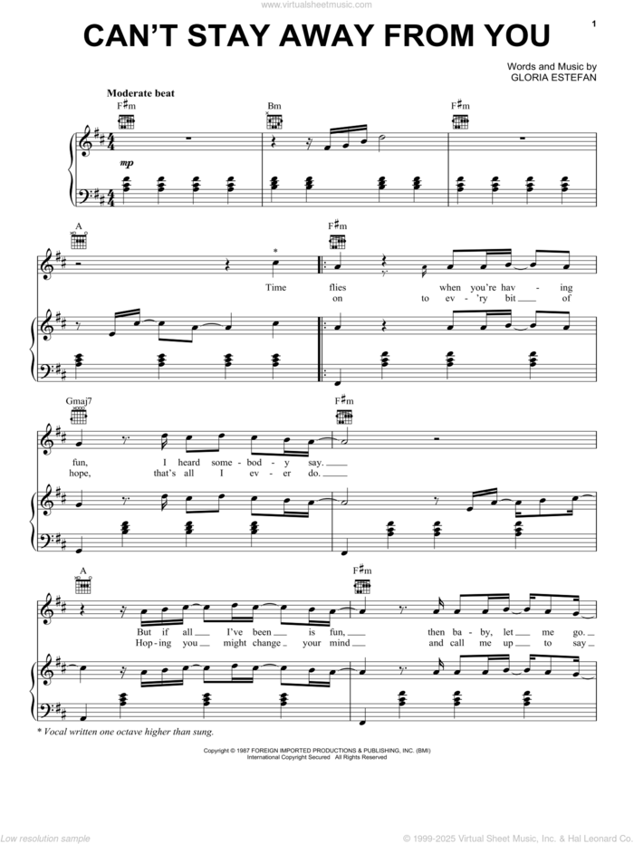 Can't Stay Away From You sheet music for voice, piano or guitar by Gloria Estefan & Miami Sound Machine and Gloria Estefan, intermediate skill level