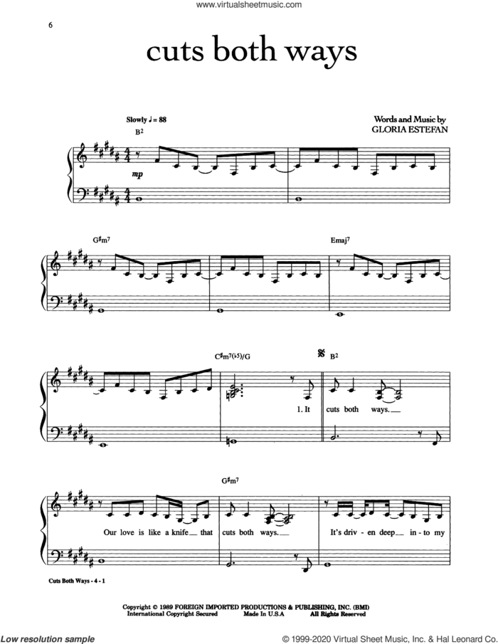 Cuts Both Ways sheet music for voice, piano or guitar by Gloria Estefan, intermediate skill level