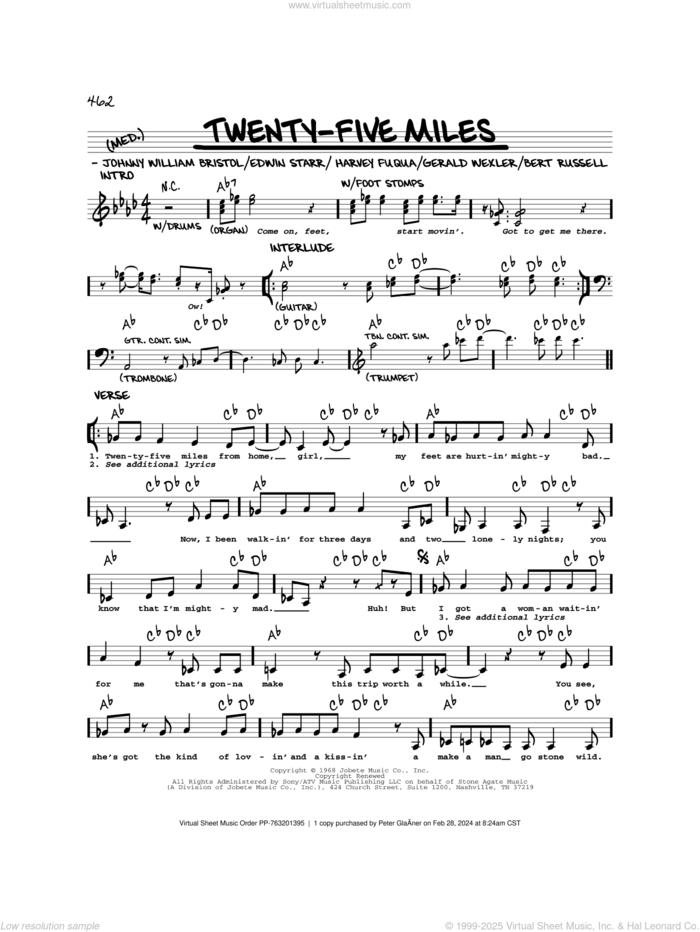 Twenty-Five Miles sheet music for voice and other instruments (real book) by Edwin Starr, Bert Russell, Gerald Wexler, Harvey Fuqua and Johnny William Bristol, intermediate skill level