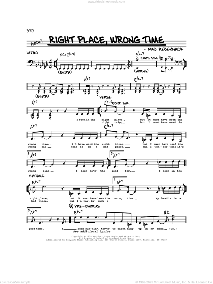 Right Place, Wrong Time sheet music for voice and other instruments (real book) by Dr. John and Mac Rebennack, intermediate skill level