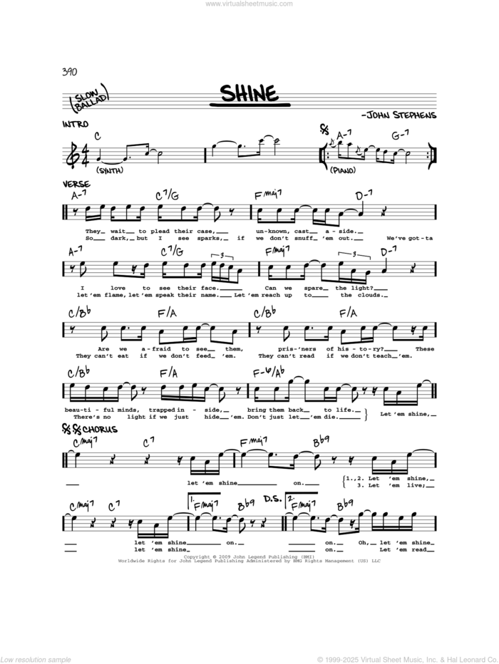 Shine sheet music for voice and other instruments (real book) by John Legend and John Stephens, intermediate skill level