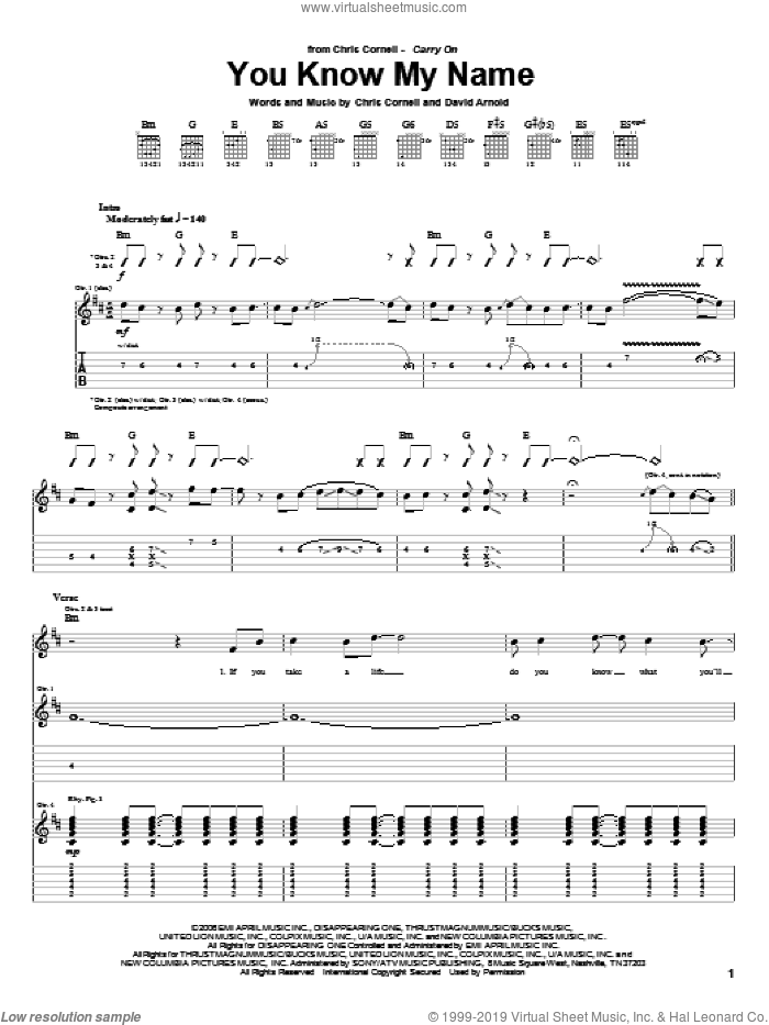 You Know My Name sheet music for guitar (tablature) by Chris Cornell and David Arnold, intermediate skill level