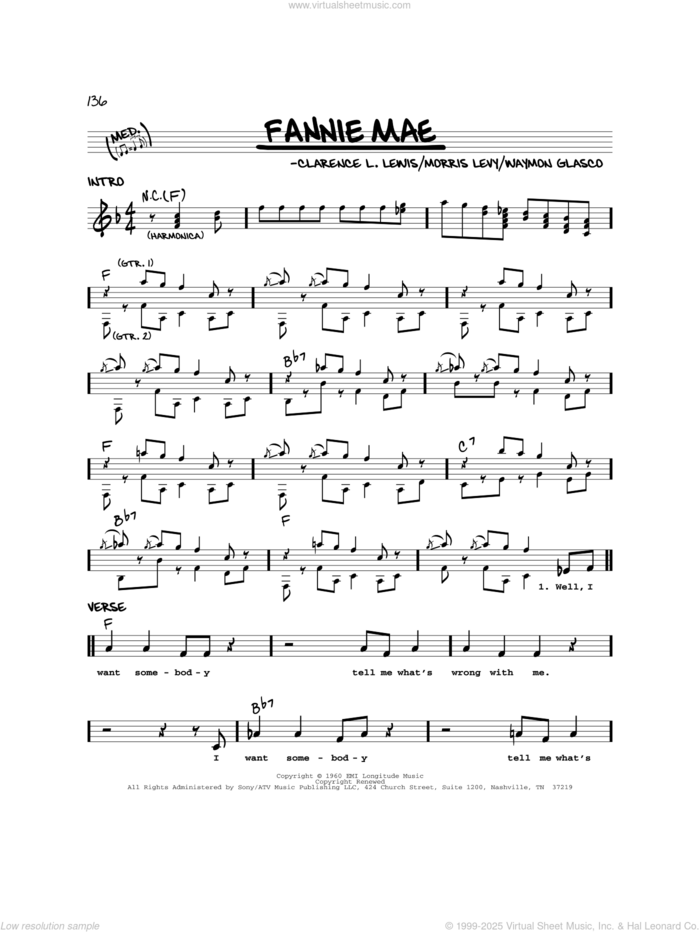 Fannie Mae sheet music for voice and other instruments (real book) by Buster Brown, Clarence L. Lewis, Morris Levy and Waymon Glasco, intermediate skill level