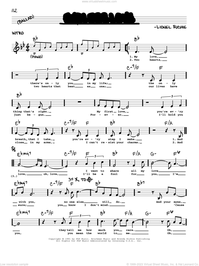Endless Love sheet music for voice and other instruments (real book) by Diana Ross & Lionel Richie and Lionel Richie feat. Shania Twain, Luther Vandross & Mariah Carey and Lionel Richie, wedding score, intermediate skill level