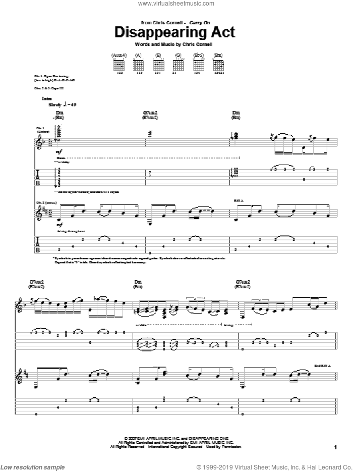 Disappearing Act sheet music for guitar (tablature) by Chris Cornell, intermediate skill level