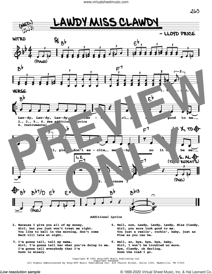 Lawdy Miss Clawdy sheet music for voice and other instruments (real book) by Lloyd Price and Elvis Presley, intermediate skill level