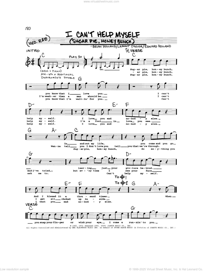 I Can't Help Myself (Sugar Pie, Honey Bunch) sheet music for voice and other instruments (real book) by The Four Tops, Brian Holland, Edward Holland Jr. and Lamont Dozier, intermediate skill level