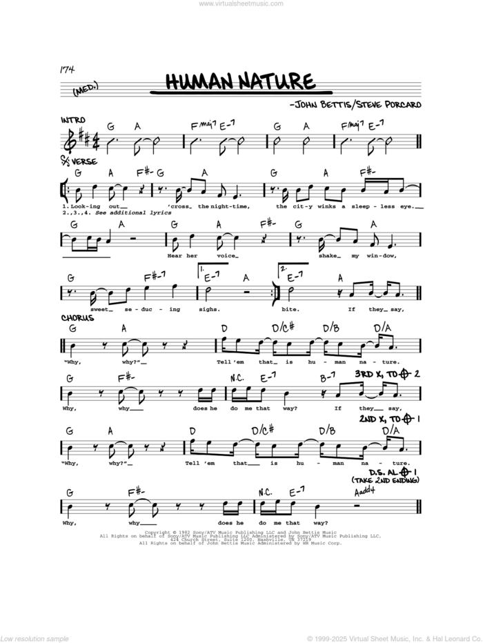 Human Nature sheet music for voice and other instruments (real book) by Michael Jackson, John Bettis and Steve Porcaro, intermediate skill level