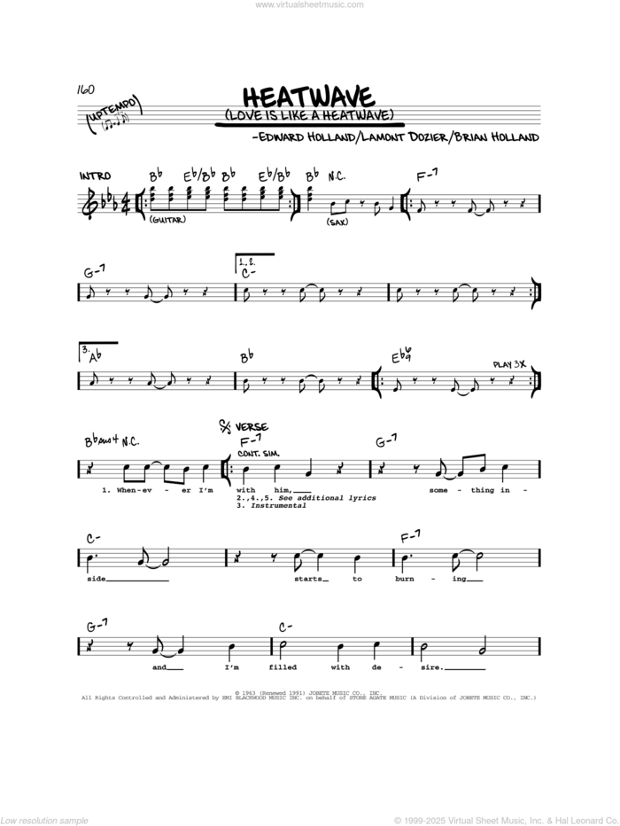 Heatwave (Love Is Like A Heatwave) sheet music for voice and other instruments (real book) by Martha & The Vandellas, Linda Ronstadt, Brian Holland, Eddie Holland and Lamont Dozier, intermediate skill level