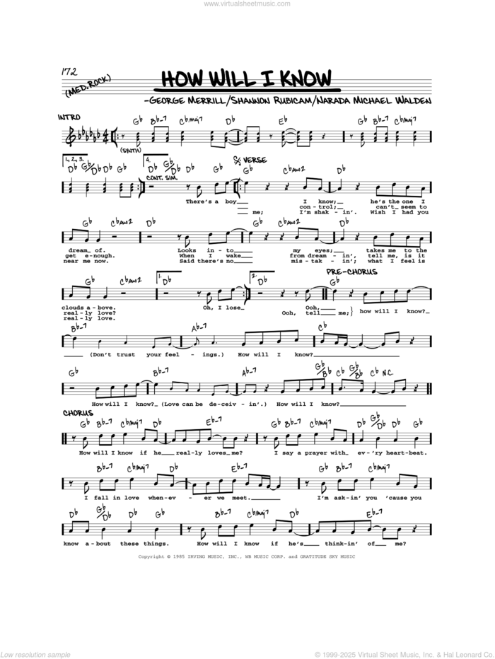 How Will I Know sheet music for voice and other instruments (real book) by Whitney Houston, George Merrill, Narada Michael Walden and Shannon Rubicam, intermediate skill level