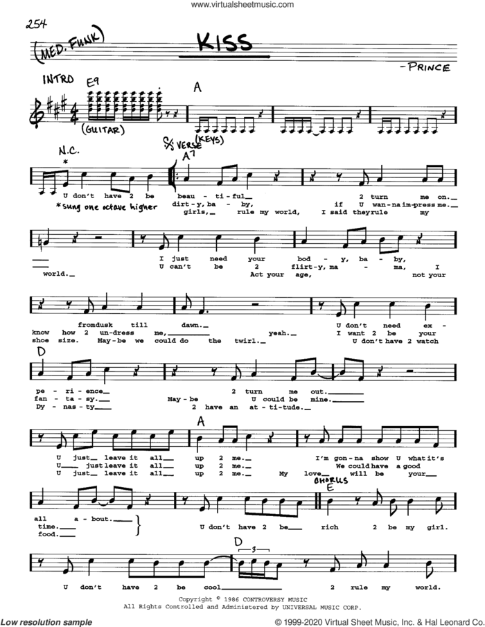 Kiss sheet music for voice and other instruments (real book) by Prince, intermediate skill level