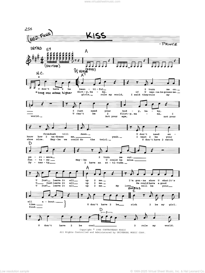 Kiss sheet music for voice and other instruments (real book) by Prince, intermediate skill level