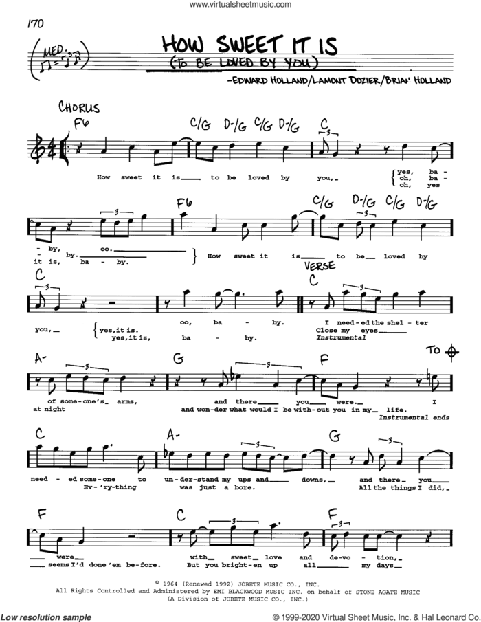 How Sweet It Is (To Be Loved By You) sheet music for voice and other instruments (real book) by Marvin Gaye, James Taylor, Brian Holland, Eddie Holland and Lamont Dozier, intermediate skill level