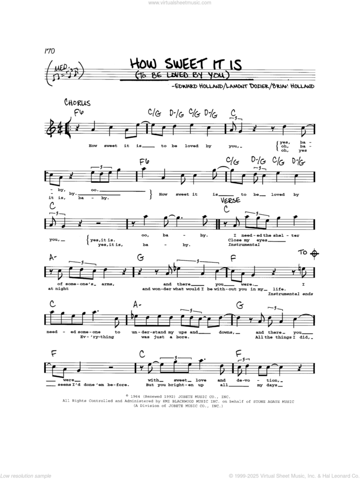 How Sweet It Is (To Be Loved By You) sheet music for voice and other instruments (real book) by Marvin Gaye, James Taylor, Brian Holland, Eddie Holland and Lamont Dozier, intermediate skill level