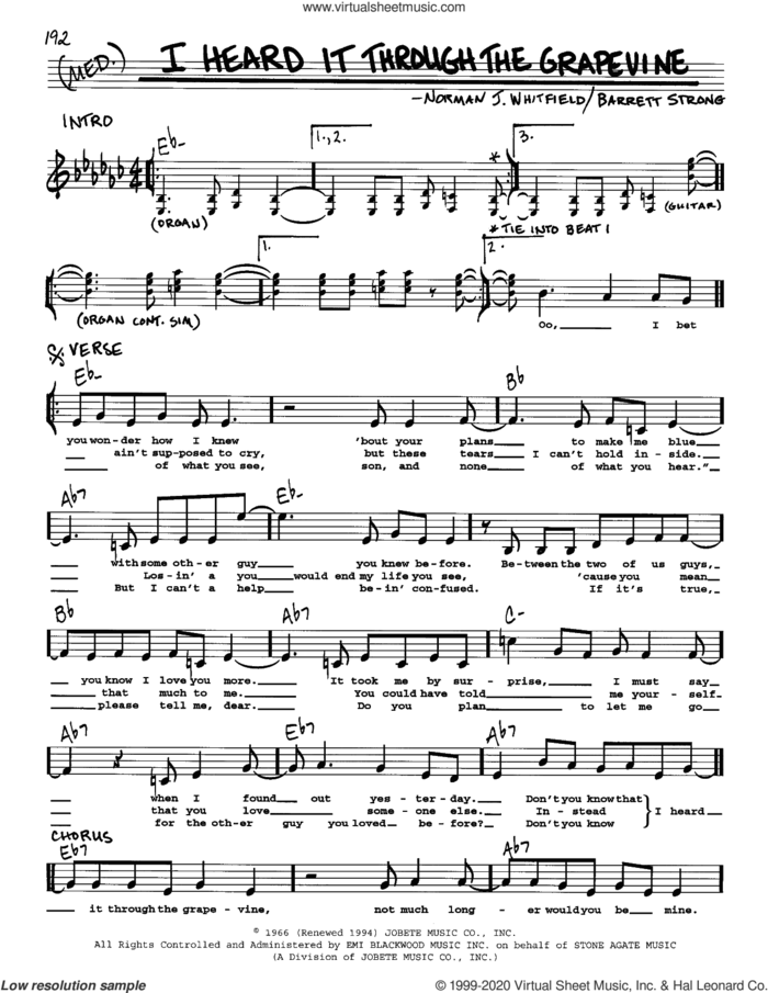 I Heard It Through The Grapevine sheet music for voice and other instruments (real book) by Marvin Gaye, Creedence Clearwater Revival, Gladys Knight & The Pips, Barrett Strong and Norman Whitfield, intermediate skill level