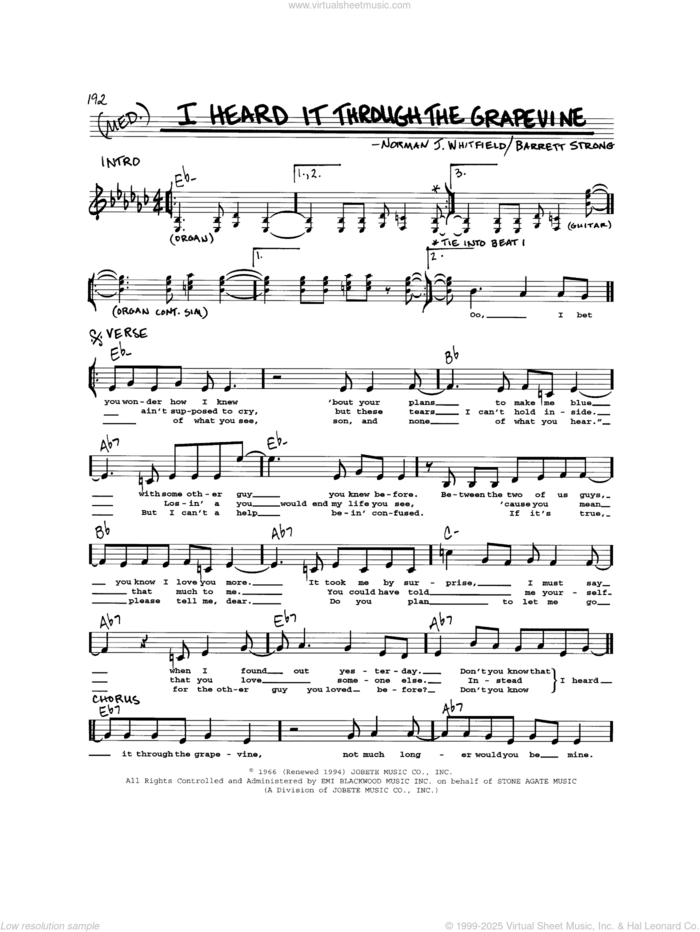 I Heard It Through The Grapevine sheet music for voice and other instruments (real book) by Marvin Gaye, Creedence Clearwater Revival, Gladys Knight & The Pips, Barrett Strong and Norman Whitfield, intermediate skill level