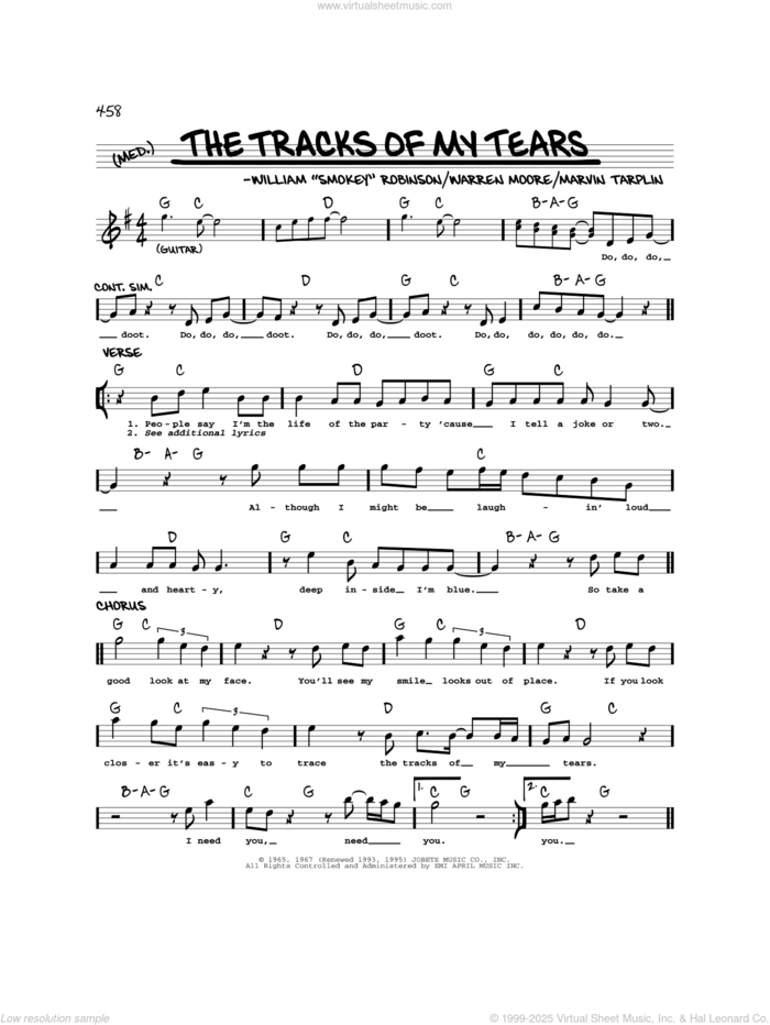 The Tracks Of My Tears sheet music for voice and other instruments (real book) by Smokey Robinson & The Miracles, Linda Ronstadt, The Miracles, Marvin Tarplin and Warren Moore, intermediate skill level