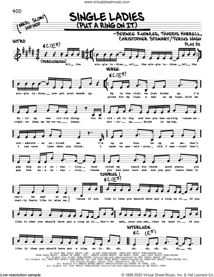 Single Ladies (Put A Ring On It) sheet music for voice and other instruments (real book) by Beyonce, Christopher Stewart, Terius Nash and Thaddis Harrell, intermediate skill level