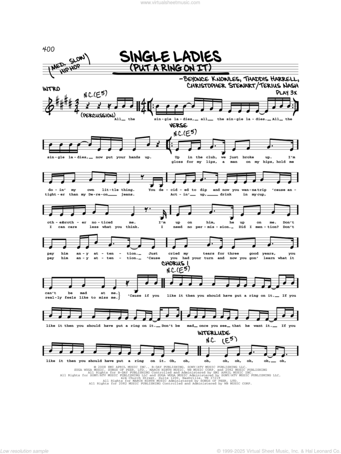 Single Ladies (Put A Ring On It) sheet music for voice and other instruments (real book) by Beyonce, Christopher Stewart, Terius Nash and Thaddis Harrell, intermediate skill level