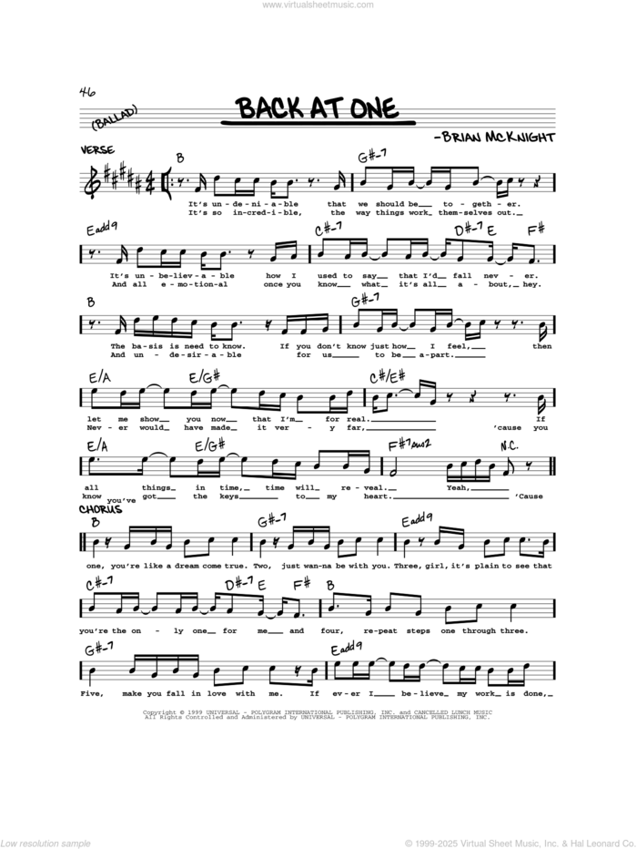 Back At One sheet music for voice and other instruments (real book) by Brian McKnight, wedding score, intermediate skill level