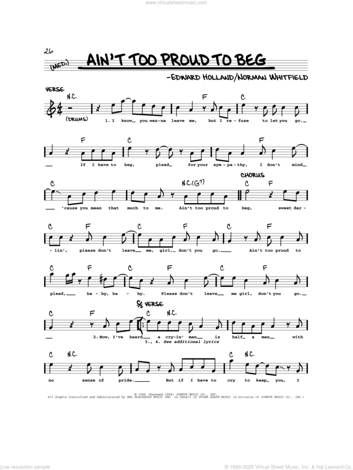 Ain't Too Proud To Beg sheet music for voice and other instruments (real book) by The Temptations, Edward Holland Jr. and Norman Whitfield, intermediate skill level