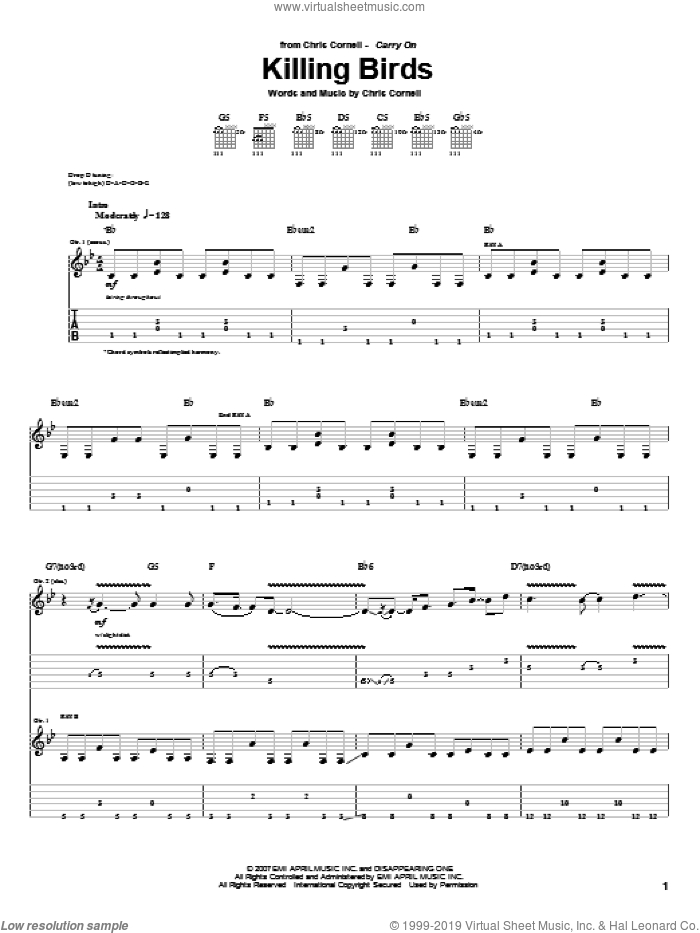 Killing Birds sheet music for guitar (tablature) by Chris Cornell, intermediate skill level