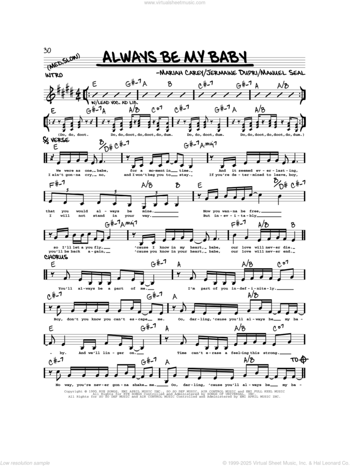 Always Be My Baby sheet music for voice and other instruments (real book) by Mariah Carey, Jermaine Dupri and Manuel Seal, intermediate skill level