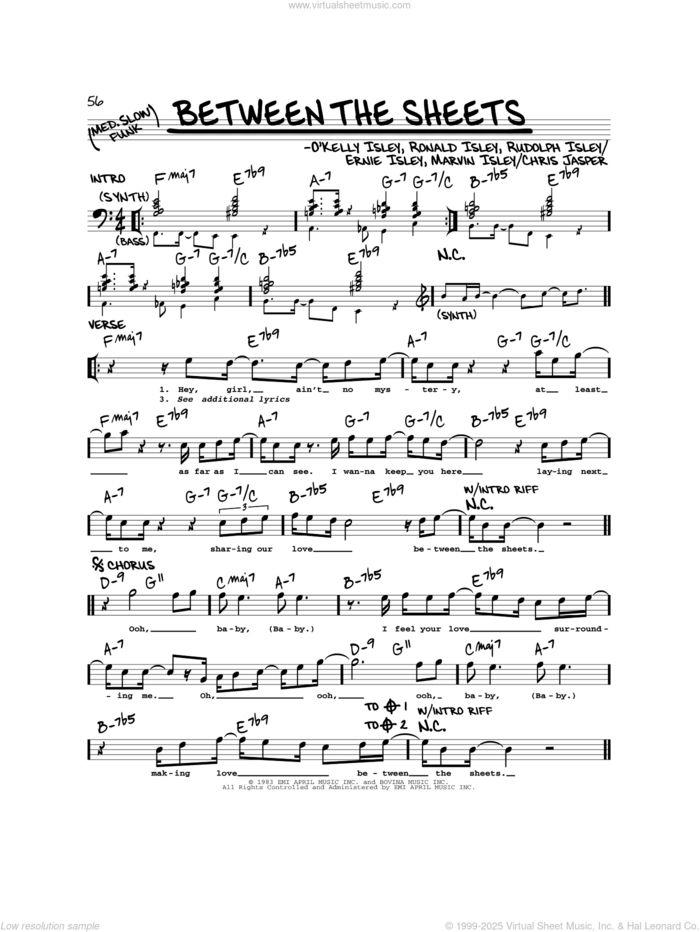 Between The Sheets sheet music for voice and other instruments (real book) by The Isley Brothers, Chris Jasper, Ernie Isley, Marvin Isley, O Kelly Isley, Ronald Isley and Rudolph Isley, intermediate skill level