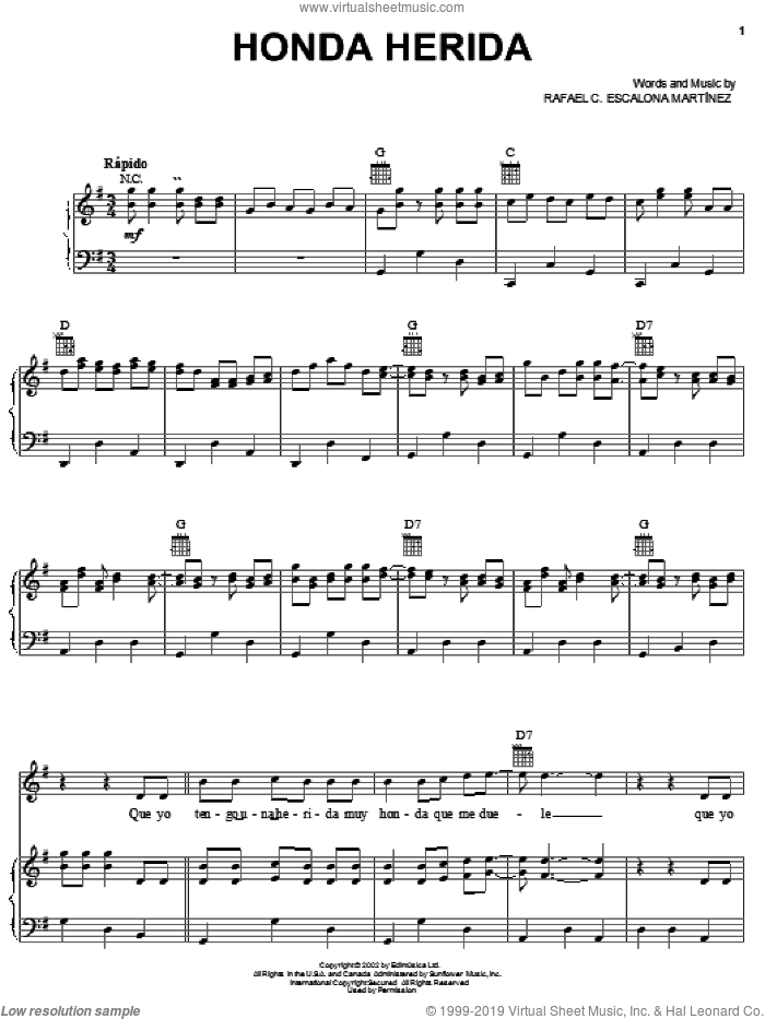 Honda Herida sheet music for voice, piano or guitar by Rafael C. Escalona Martinez, intermediate skill level