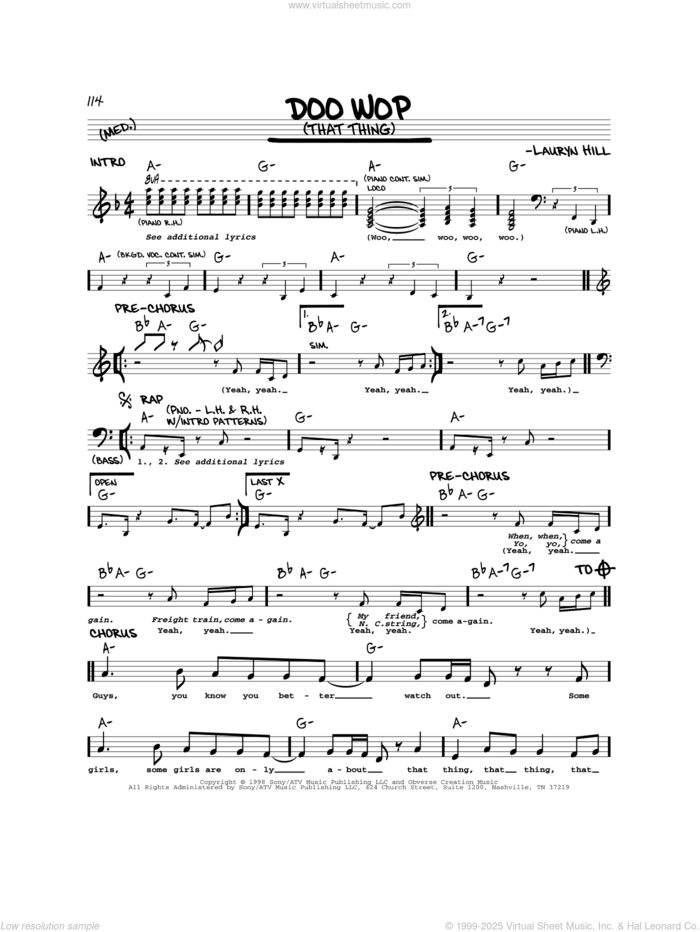 Doo Wop (That Thing) sheet music for voice and other instruments (real book) by Lauryn Hill, intermediate skill level