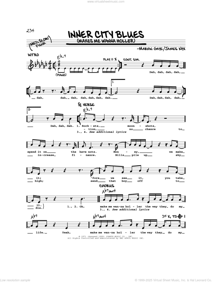 Inner City Blues (Make Me Wanna Holler) sheet music for voice and other instruments (real book) by Marvin Gaye and James Nyx, intermediate skill level