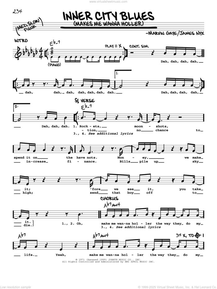 Inner City Blues (Make Me Wanna Holler) sheet music for voice and other instruments (real book) by Marvin Gaye and James Nyx, intermediate skill level
