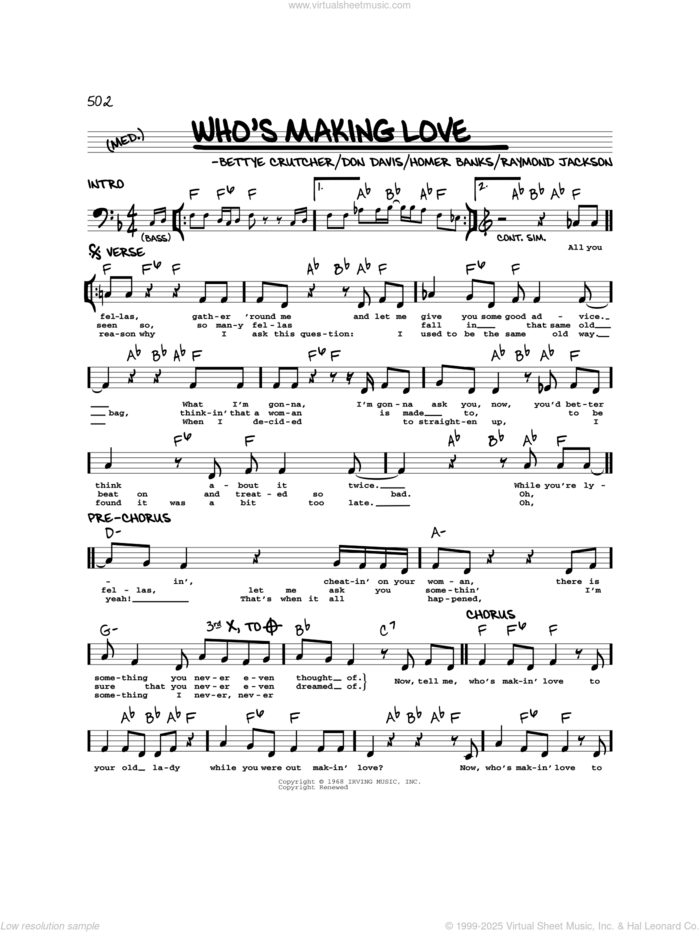 Who's Making Love sheet music for voice and other instruments (real book) by Johnnie Taylor, Bettye Crutcher, Don Davis, Homer Banks and Raymond Jackson, intermediate skill level