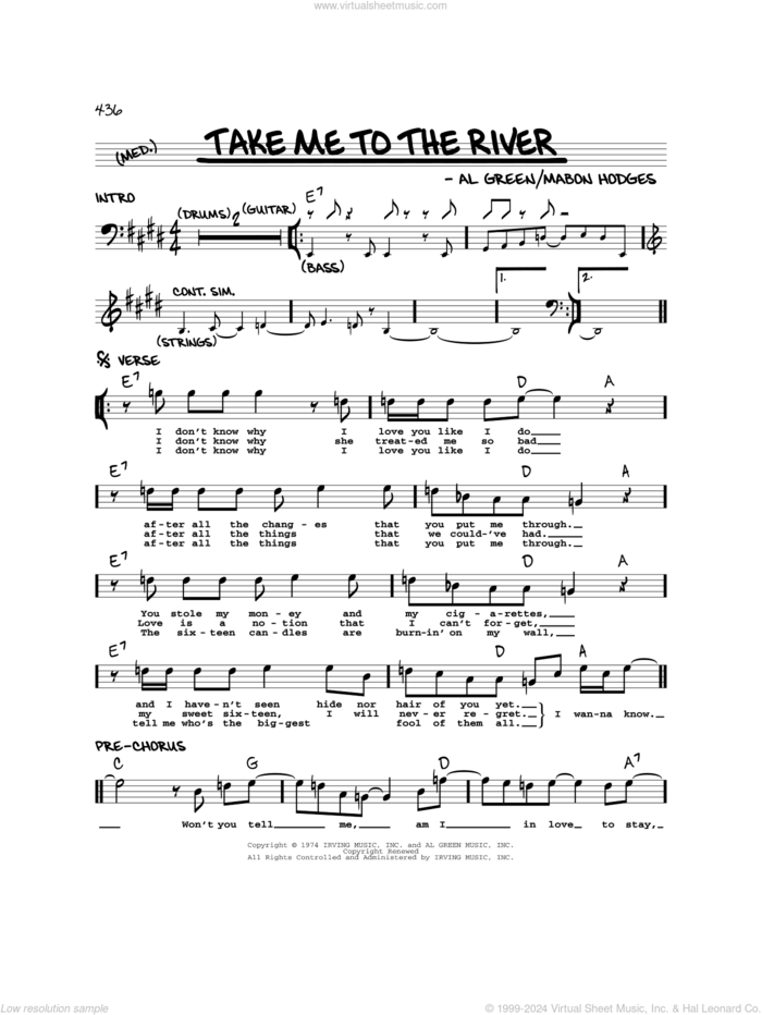 Take Me To The River sheet music for voice and other instruments (real book) by Al Green and Mabon Hodges, intermediate skill level