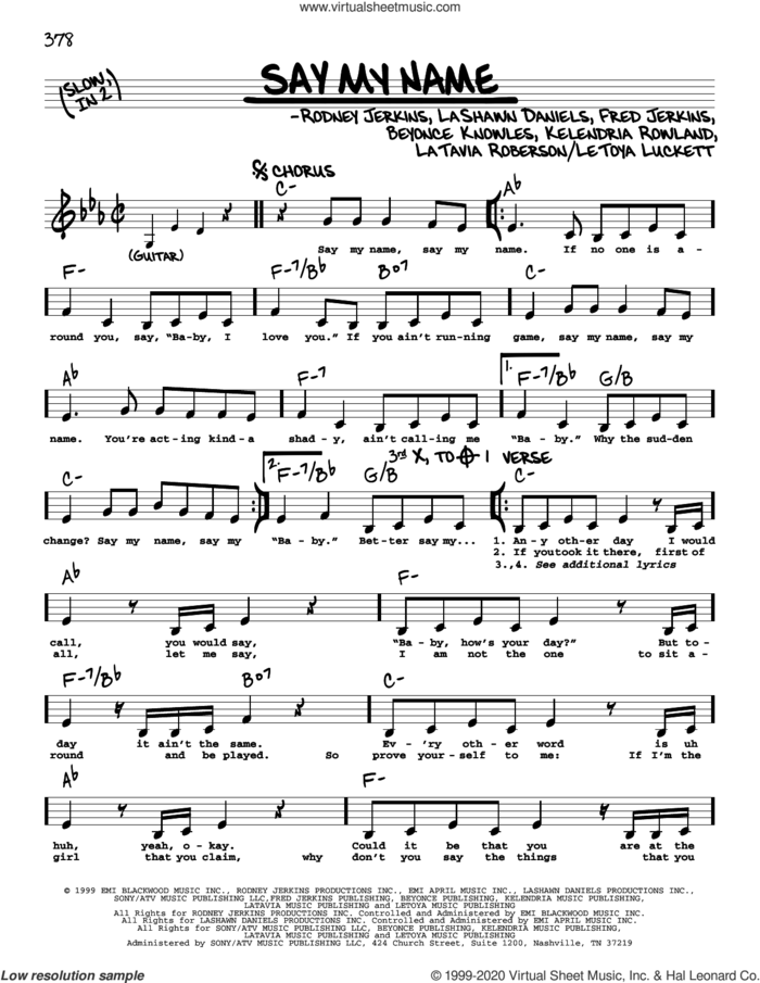 Say My Name sheet music for voice and other instruments (real book) by Destiny's Child, Beyonce, Fred Jerkins, Kelendria Rowland, LaShawn Daniels, LaTavia Roberson, LeToya Luckett and Rodney Jerkins, intermediate skill level