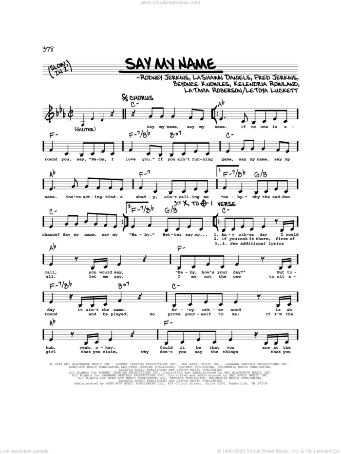 Say My Name sheet music for voice and other instruments (real book) by Destiny's Child, Beyonce, Fred Jerkins, Kelendria Rowland, LaShawn Daniels, LaTavia Roberson, LeToya Luckett and Rodney Jerkins, intermediate skill level