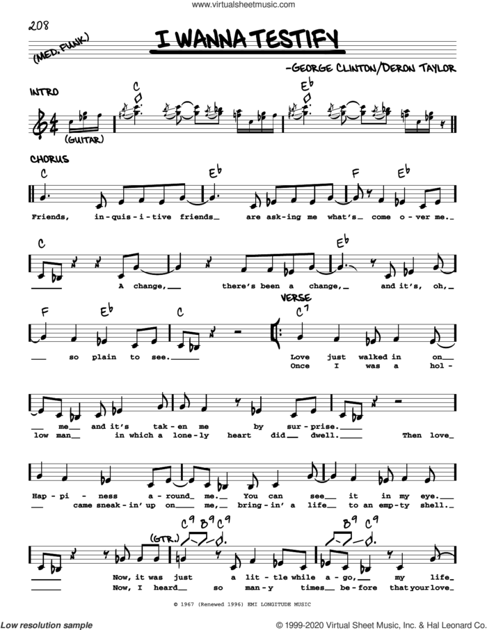 I Wanna Testify sheet music for voice and other instruments (real book) by Stevie Ray Vaughan, Deron Taylor and George Clinton, intermediate skill level