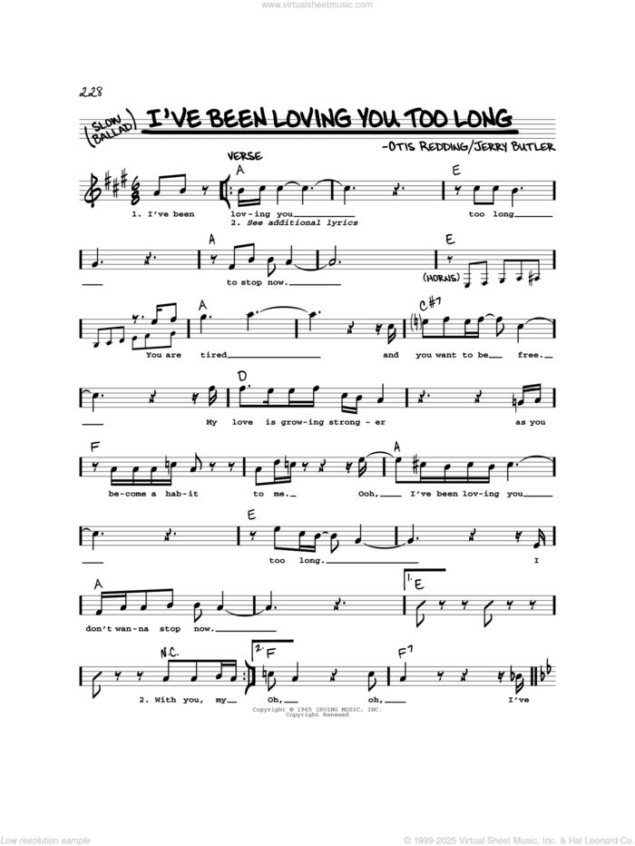 I've Been Loving You Too Long sheet music for voice and other instruments (real book) by Otis Redding and Jerry Butler, intermediate skill level