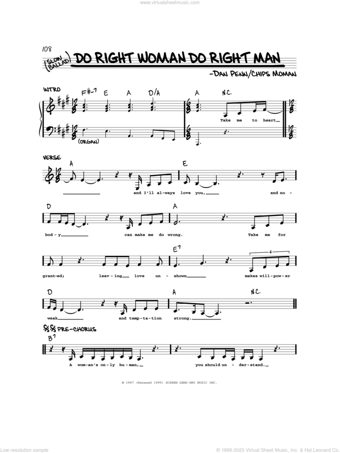 Do Right Woman, Do Right Man sheet music for voice and other instruments (real book) by Aretha Franklin, Chips Moman and Dan Penn, intermediate skill level