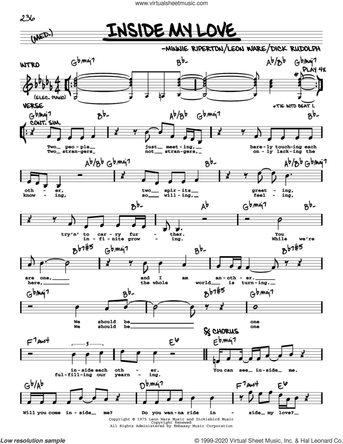 Inside My Love sheet music for voice and other instruments (real book) by Minnie Riperton, Dick Rudolph and Leon Ware, intermediate skill level
