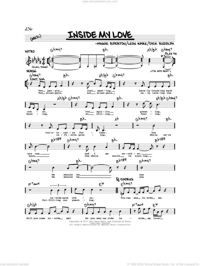 Inside My Love sheet music for voice and other instruments (real book) by Minnie Riperton, Dick Rudolph and Leon Ware, intermediate skill level