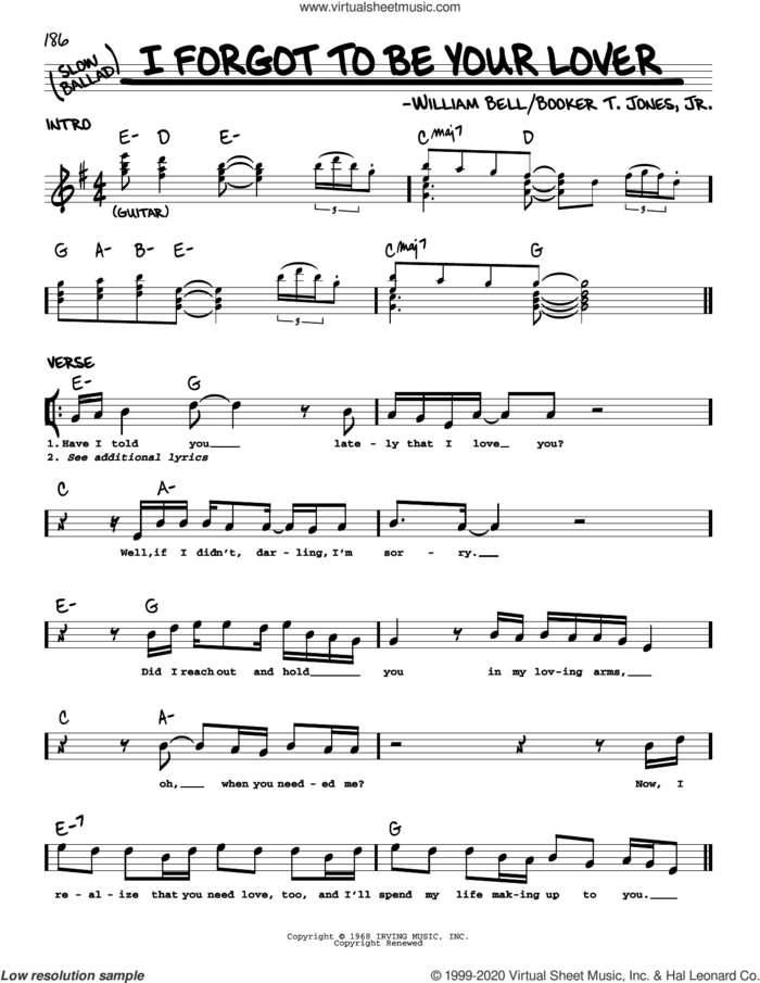 I Forgot To Be Your Lover sheet music for voice and other instruments (real book) by William Bell and Booker T. Jones, Jr., intermediate skill level
