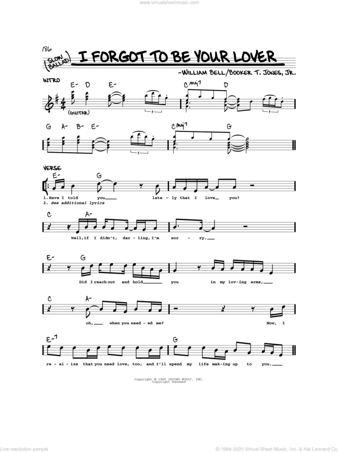 I Forgot To Be Your Lover sheet music for voice and other instruments (real book) by William Bell and Booker T. Jones, Jr., intermediate skill level